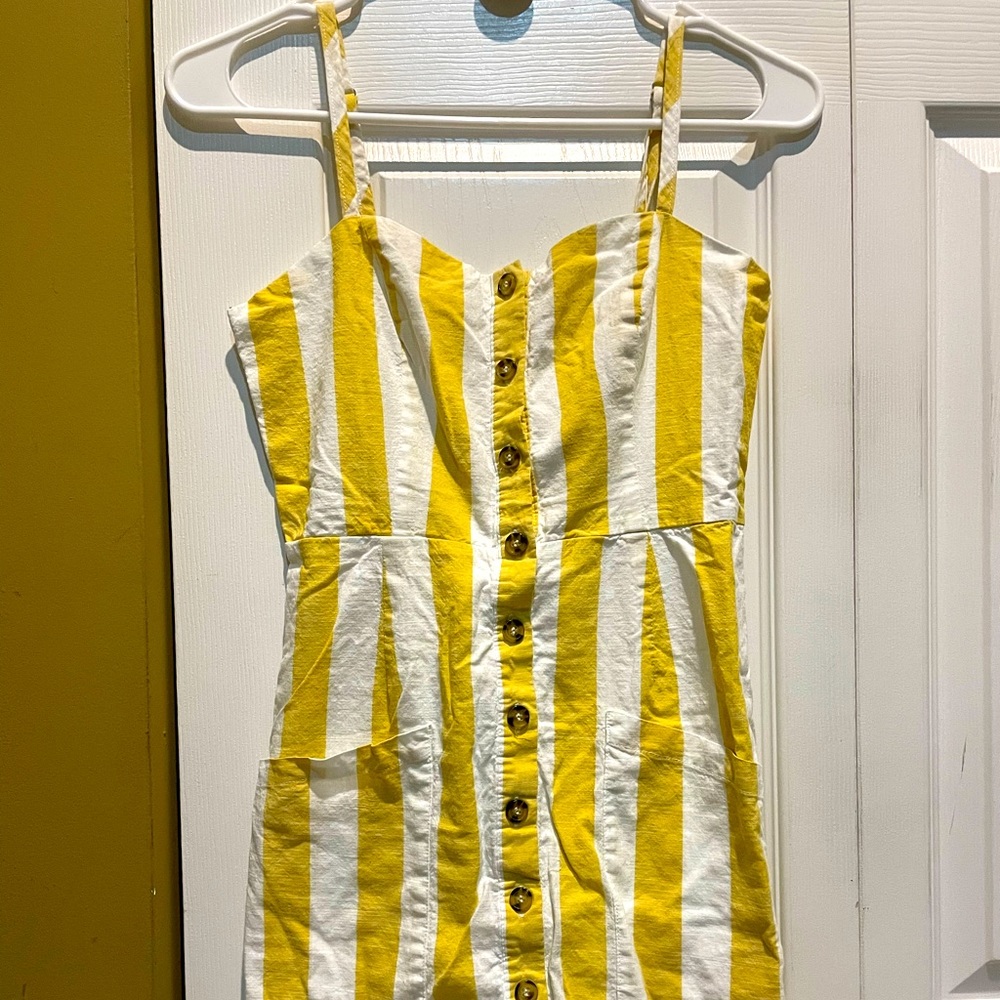 Yellow/white striped dress (spaghetti straps and two hidden front pockets)